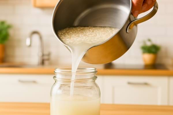 une main verse doucement l'eau trouble d'une casserole contenant du riz dans un joli bocal en verre transparent.