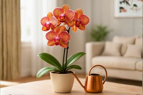 une magnifique orchid&eacute;e en pleine floraison dans un salon lumineux
