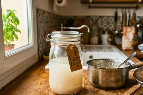 bocal en verre ferm&eacute; rempli d&rsquo;eau de riz refroidie, &eacute;tiquette &ldquo;sans sel&rdquo;,