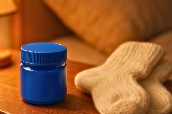 a small iconic blue ointment jar resting on a wooden nightstand