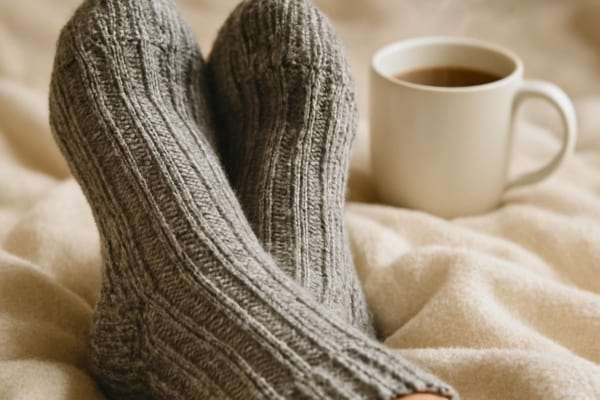 A pair of feet wearing thick, knitted grey wool socks, resting on a soft white bed blanket
