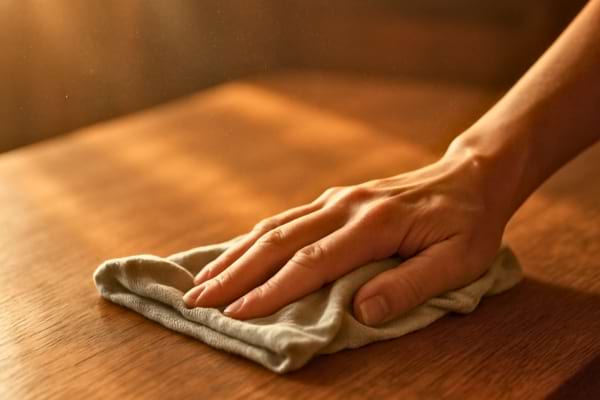 Une personne essuie d&eacute;licatement une belle table en bois massif avec un morceau de vieux t-shirt