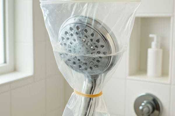 Un pommeau de douche trempant &agrave; l'int&eacute;rieur d'un petit sac transparent rempli de vinaigre blanc,