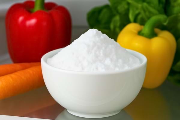 Une coupelle en c&eacute;ramique blanche remplie de poudre de bicarbonate de soude