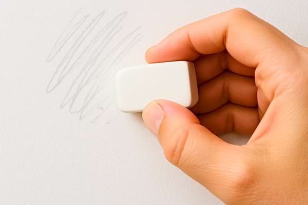 Une main tenant une gomme en train d'effacer doucement des gribouillages 