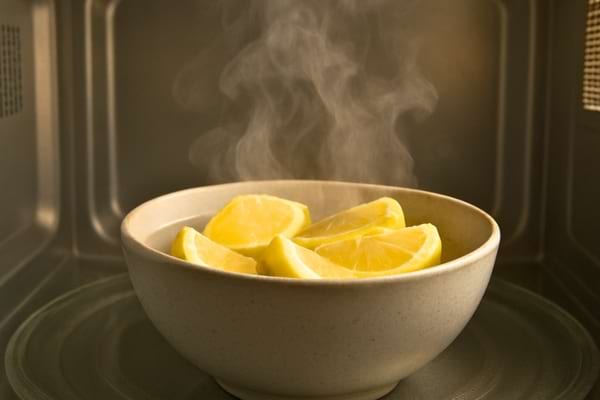 Un bol en c&eacute;ramique rempli d'eau fumante avec de beaux quartiers de citron jaune frais