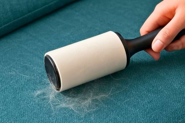 Un rouleau adh&eacute;sif anti-peluches pass&eacute; sur le coussin d'un canap&eacute; en tissu