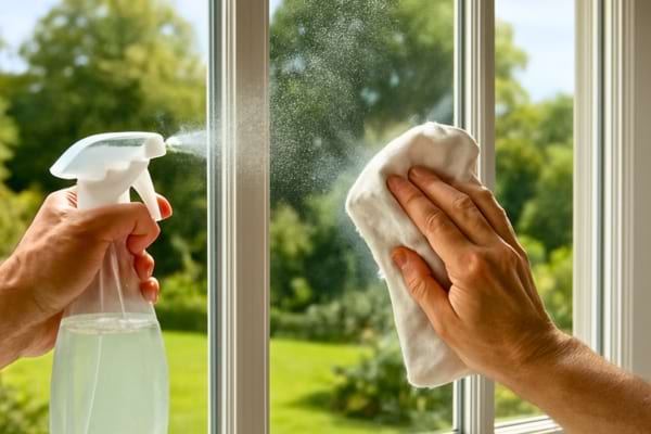 Une main vaporisant du vinaigre blanc sur une grande baie vitr&eacute;e,