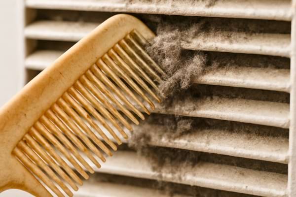 Un vieux peigne &agrave; cheveux en plastique gliss&eacute; entre les fentes &eacute;troites d'une grille d'a&eacute;ration blanche 