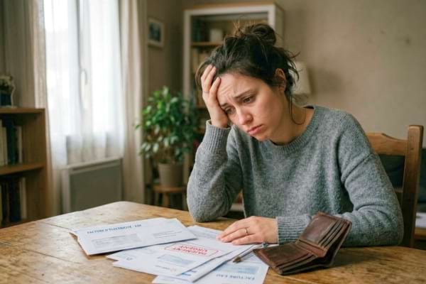 une personne soucieuse assise &agrave; une table en bois, regardant un portefeuille vide 