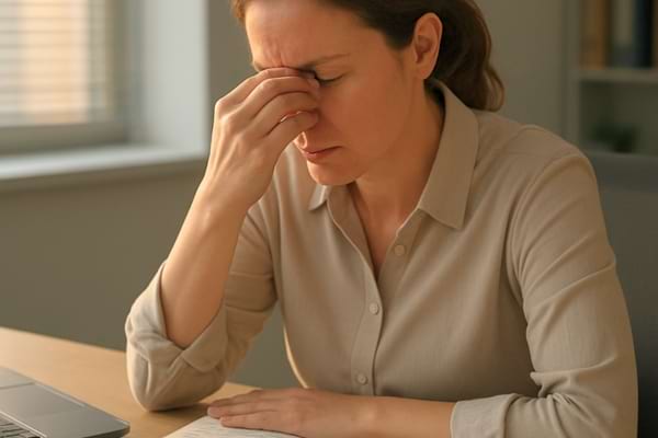 une femme &eacute;puis&eacute;e assise &agrave; son bureau, se frottant les yeux devant un agenda papier surcharg&eacute; de notes