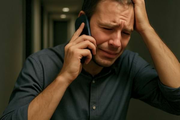un homme au t&eacute;l&eacute;phone dans un couloir sombre, l'air tr&egrave;s g&ecirc;n&eacute;