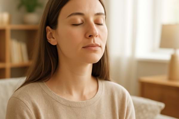 une jeune femme fermant les yeux et respirant profond&eacute;ment