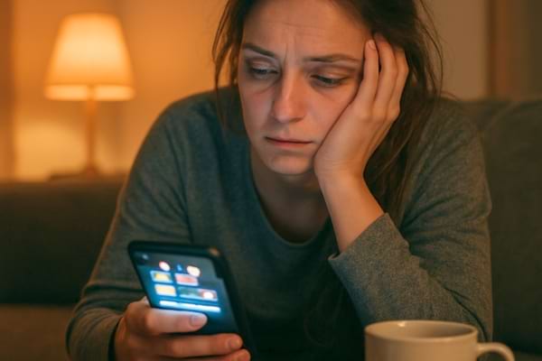 une personne affal&eacute;e sur un canap&eacute;, regardant son smartphone avec une expression de lassitude totale