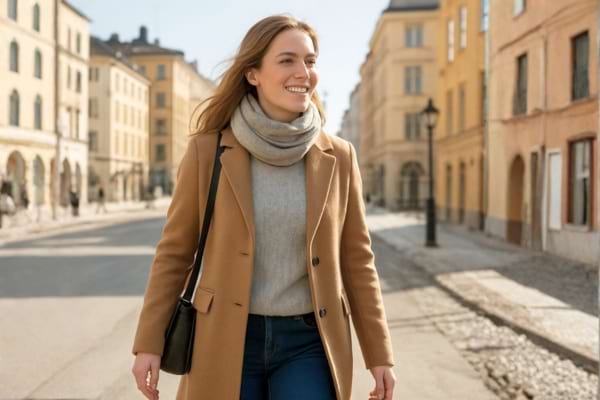 Une femme souriante marchant dans une rue ensoleill&eacute;e de Stockholm