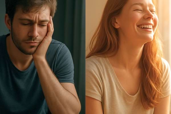 &agrave; gauche une personne fatigu&eacute;e &agrave; l'ombre &agrave; l'int&eacute;rieur, &agrave; droite une personne rayonnante