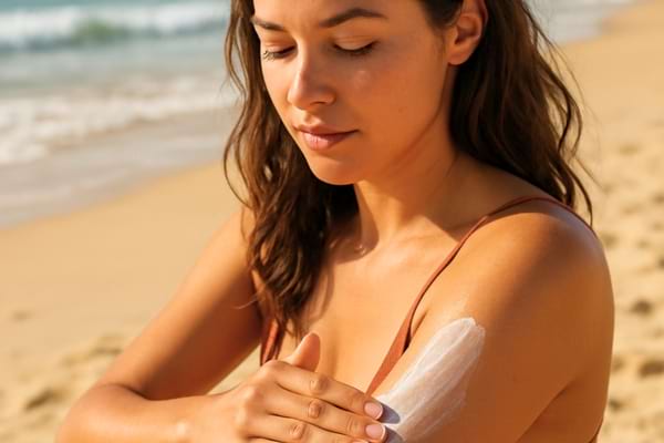 Une femme appliquant de la cr&egrave;me solaire sur son bras &agrave; la plage