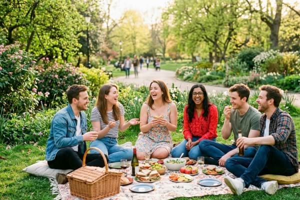 Un groupe d'amis pique-niquant joyeusement dans un parc