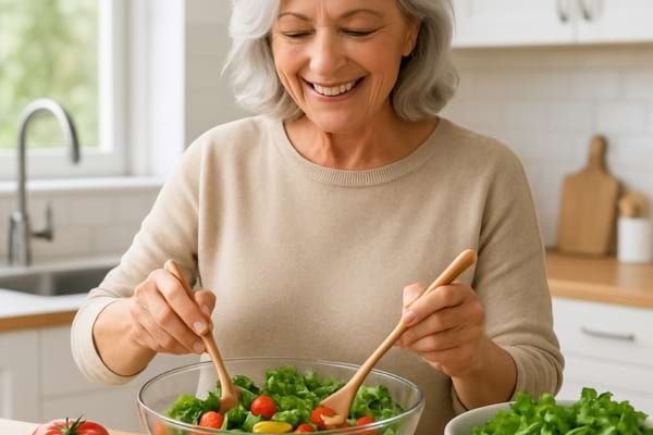 Une femme de 60 ans aux cheveux gris argent&eacute;, souriante, pr&eacute;parant une grande salade