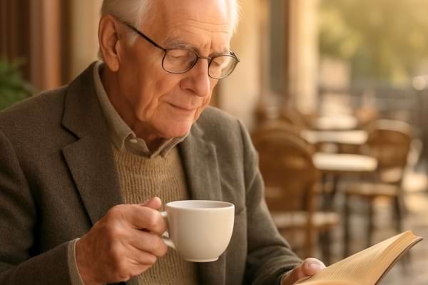 Un homme senior &eacute;l&eacute;gant, portant des lunettes de vue, en train de lire un livre