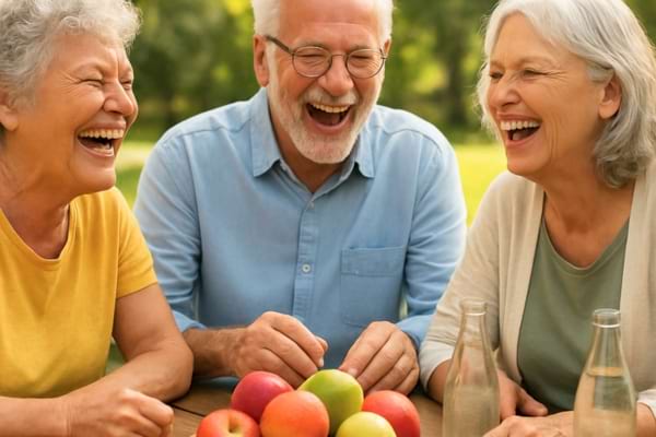 Un groupe de trois amis sexag&eacute;naires riant aux &eacute;clats autour d'une table de pique-nique