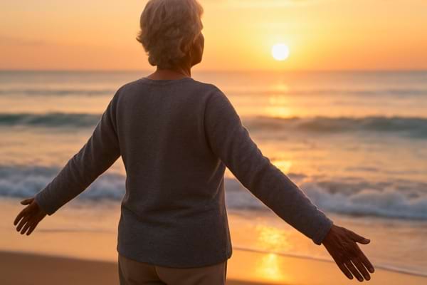 Une femme senior de dos, face &agrave; l'oc&eacute;an au lever du soleil, les bras l&eacute;g&egrave;rement &eacute;cart&eacute;s