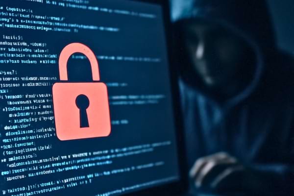 &eacute;cran d'ordinateur affichant des lignes de code informatique avec un cadenas rouge d&eacute;verrouill&eacute; au centre.