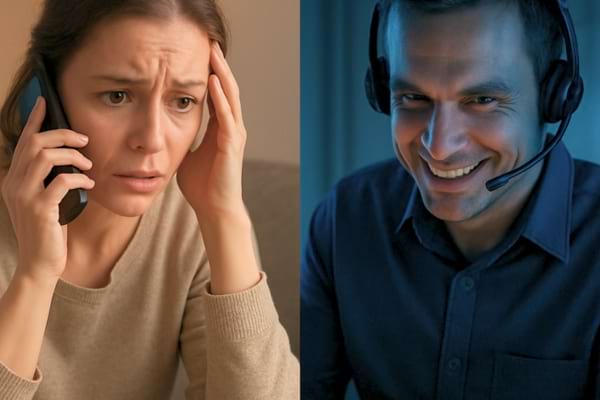 un c&ocirc;t&eacute;, une femme. De l'autre c&ocirc;t&eacute;, un homme souriant de mani&egrave;re malveillante