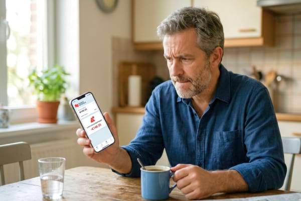 une personne inqui&egrave;te regardant l'&eacute;cran de son smartphone qui affiche une application bancaire