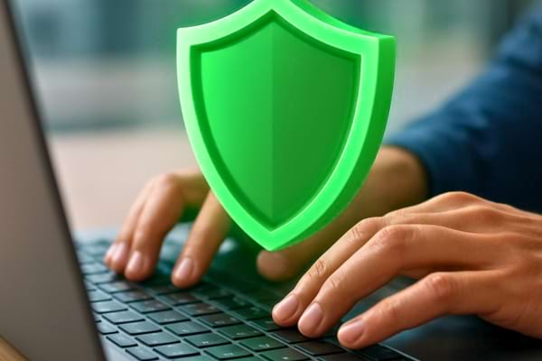 clavier d'un ordinateur portable. Au-dessus du clavier flotte une ic&ocirc;ne de bouclier vert lumineux en 3D