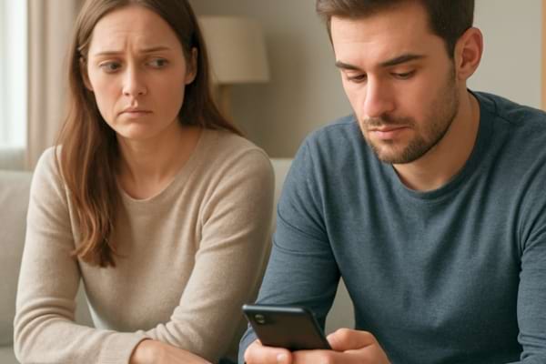 Un couple assis sur un canap&eacute; moderne. L'un regarde son t&eacute;l&eacute;phone d'un air absent