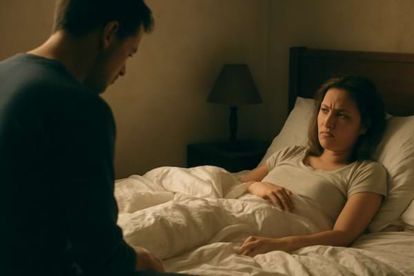 Une personne est assise de dos sur le bord du lit, l'autre allong&eacute;e la regarde avec perplexit&eacute;