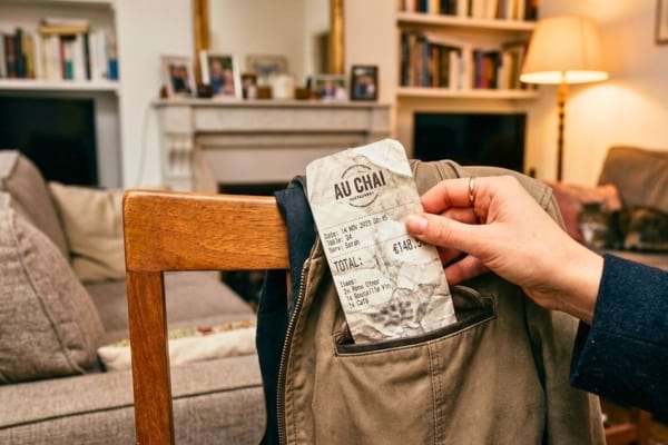Une main tenant un ticket de caisse de restaurant froiss&eacute;, trouv&eacute; en fouillant discr&egrave;tement 