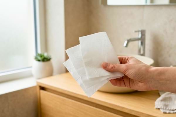 une main tenant exactement trois feuilles de papier toilette blanc