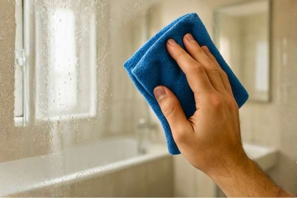 Une main nettoyant un miroir de salle de bain embu&eacute; avec un chiffon en microfibre 