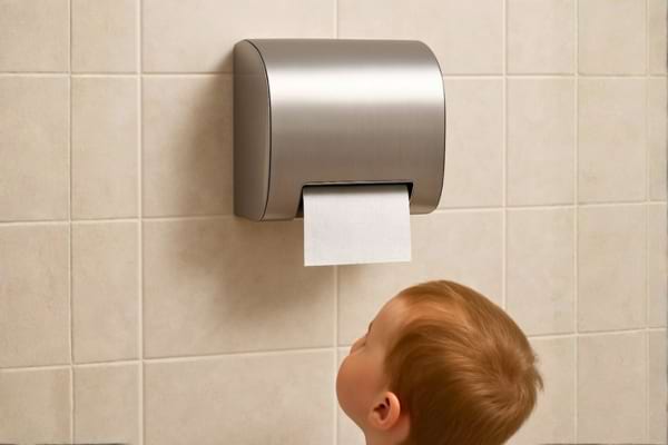 distributeur de papier toilette design et ferm&eacute;, fix&eacute; en hauteur sur un mur carrel&eacute;