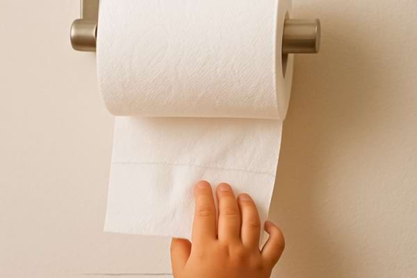Une petite main d'enfant s'appr&ecirc;te &agrave; tirer le papier toilette