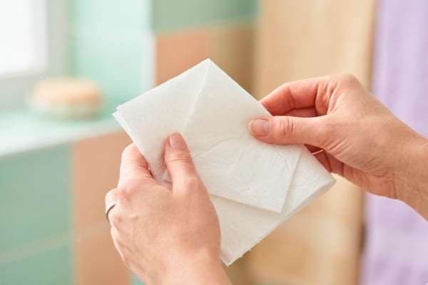 Gros plan sur des mains adultes pliant d&eacute;licatement et proprement deux feuilles de papier