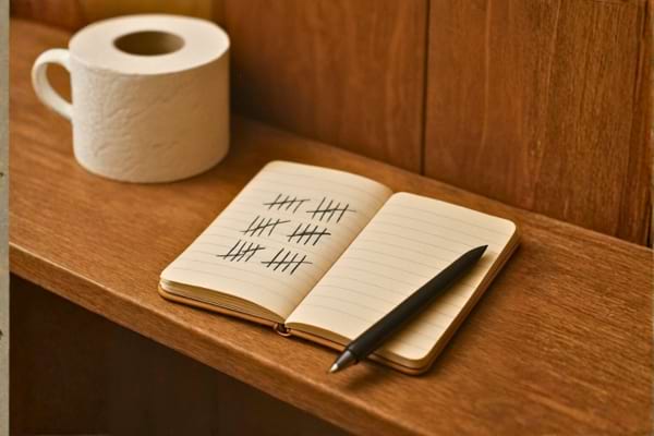 Un petit carnet de notes ouvert pos&eacute; sur une &eacute;tag&egrave;re en bois dans des toilettes