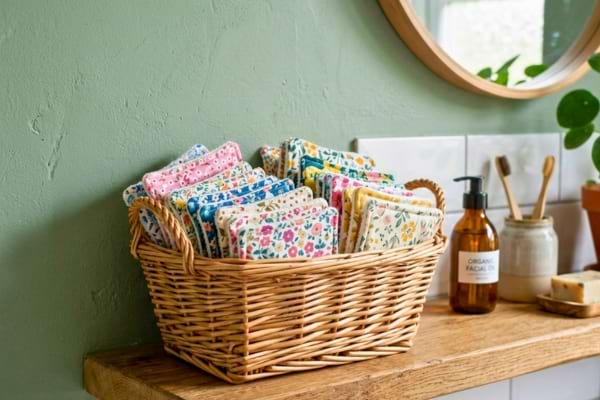 Un joli panier en osier rempli de petits carr&eacute;s de tissu