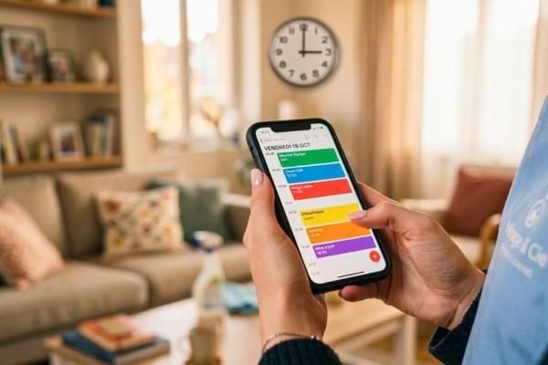 une jeune femme tenant un smartphone affichant un emploi du temps color&eacute; et bien rempli
