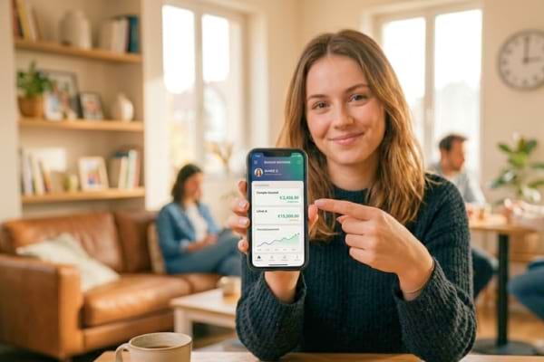 Une jeune femme montrant discr&egrave;tement une application bancaire 