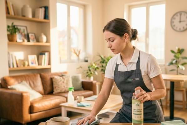 Une jeune femme tenant un produit d'entretien &eacute;cologique