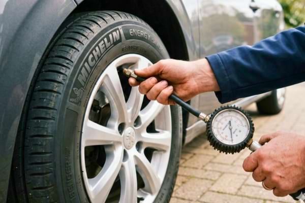 une personne en train d'utiliser un manom&egrave;tre professionnel pour v&eacute;rifier la pression du pneu d'une voiture
