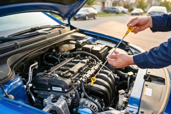  un m&eacute;canicien ou un particulier aux mains propres qui v&eacute;rifie le niveau d'huile avec la jauge jaune