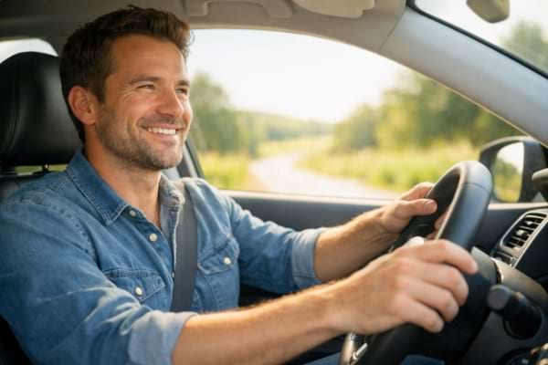 Un conducteur souriant au volant de sa voiture moderne,