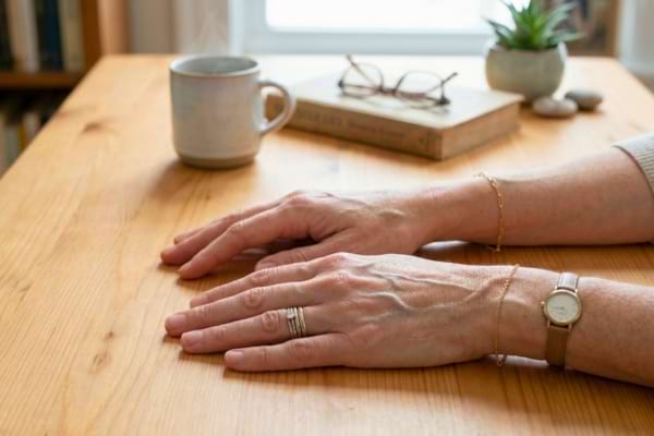 gros plan des mains d'une personne pos&eacute;es sur une table en bois clair.