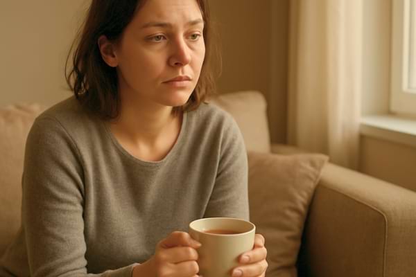 une personne assise, tenant une tasse de th&eacute;, l'air l&eacute;g&egrave;rement fatigu&eacute; et pensif.