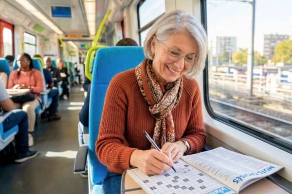 une femme tr&egrave;s concentr&eacute;e, souriant l&eacute;g&egrave;rement, en train de faire des mots crois&eacute;s dans un train
