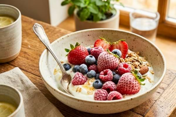 Un bol de dessert sain avec des fruits rouges surgel&eacute;s, des fraises, des myrtilles et du yaourt nature